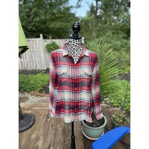 American Eagle Flannel Women's Sz Large Red Plaid Button Up Long Sleeve Pockets